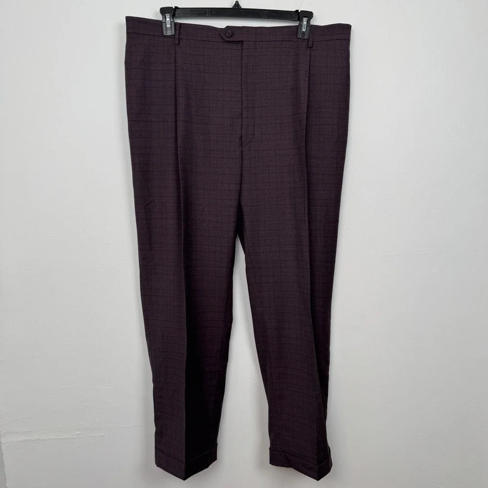 Hart Schaffner Marx Chicago Fit Suit Mens 52L Plum Purple Glen Plaid Wool USA